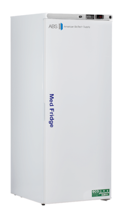 A tall, white laboratory refrigerator labeled Med Fridge with a vertical handle on the left. Designed by ABS American BioTech Supply, it features a small digital temperature panel on top—an energy-saving choice among compact laboratory refrigerators.
