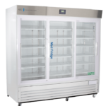 A large, white, three-door 69 Cu. Ft. Pharmacy Refrigerator, digital temperature display, and multiple empty metal shelves. The unit is on wheels for mobility and has “Med Fridge” written vertically on one door.