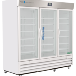 A large, white 72 cu ft pharmacy refrigerator, labeled “MedFridge.” Inside are multiple empty shelves. The unit has a digital temperature display at the top, vents at the bottom, and is on caster wheels. Brand label reads ABS American Biotech Supply.