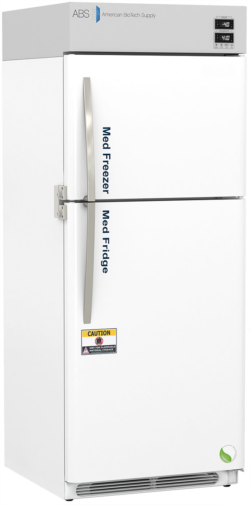 A tall, white Pharmacy/Vaccine Dual Temp Combo refrigerator-freezer from American BioTech Supply. It features “Med Freezer” and “Med Fridge” labels, digital temperature displays, a stainless steel handle, and a caution label near the bottom door.