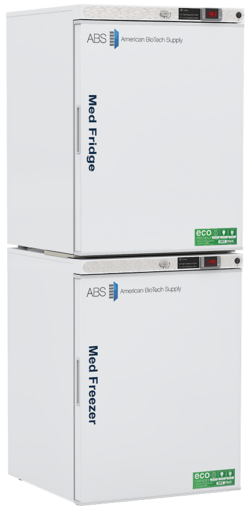 Two white dual temperature medical units are stacked vertically. The top unit is labeled Med Fridge and the bottom Med Freezer. Both display ABS and eco-friendly stickers. Each has a digital display on the top right corner above the door.