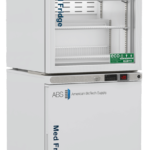 A pharmacy refrigerator freezer combo unit by American BioTech Supply. The upper section is an upright fridge with a glass door and shelves, labeled Med-Fridge. The lower section is a solid-door freezer labeled Med Freezer. Both have digital displays and eco-friendly labels.
