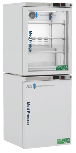 A pharmacy refrigerator freezer combo unit by American BioTech Supply. The upper section is an upright fridge with a glass door and shelves, labeled Med-Fridge. The lower section is a solid-door freezer labeled Med Freezer. Both have digital displays and eco-friendly labels.