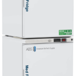 Two white medical appliances are stacked. The top unit is labeled Med Fridge and the bottom Med Freezer, both by American BioTech Supply. Each has a digital display, green eco-friendly stickers, and a clean, professional appearance.