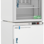 A white medical fridge and freezer 10 cu ft combo unit by American BioTech Supply. The top section is a glass-door fridge labeled “Med Fridge” with adjustable wire shelves and digital temperature display. The lower section is a solid-door freezer labeled “Med Freezer.”