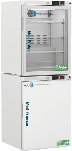A white medical fridge and freezer 10 cu ft combo unit by American BioTech Supply. The top section is a glass-door fridge labeled “Med Fridge” with adjustable wire shelves and digital temperature display. The lower section is a solid-door freezer labeled “Med Freezer.”
