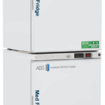 Two white, rectangular medical appliances are stacked: the top labeled Med Fridge and the bottom Med Freezer. Both display digital temperature panels and American BioTech Supply branding. Green eco-friendly certification stickers appear on each door.