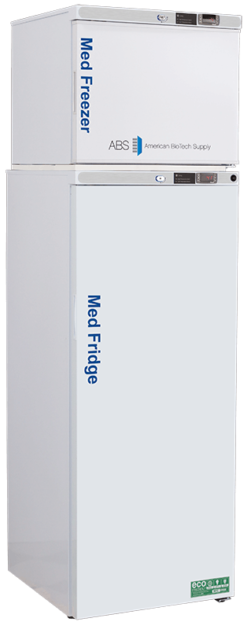 A tall, white medical refrigerator and freezer combo labeled Med-Freezer on the top door and Med-Fridge on the bottom door. Both units have digital displays and the appliance features branding from American BioTech Supply.