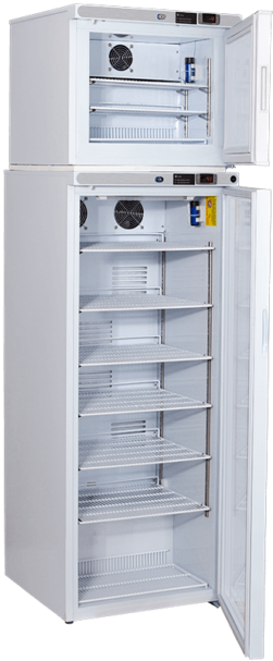 A tall, white, double-door Pharmacy Refrigerator Auto Defrost Freezer Combo is shown open. The upper compartment has two shelves, while the spacious lower section features six metal shelves. Both have fans and temperature control panels at the top.