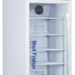 A white Control auto defrost medical refrigerator-freezer unit with a small top freezer labeled “Med Freezer” and a larger bottom fridge labeled “Med Fridge,” featuring glass doors, multiple shelves, digital temperature displays, and branding from American BioTech Supply.
