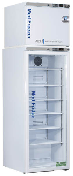 A white Control auto defrost medical refrigerator-freezer unit with a small top freezer labeled “Med Freezer” and a larger bottom fridge labeled “Med Fridge,” featuring glass doors, multiple shelves, digital temperature displays, and branding from American BioTech Supply.