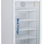 A tall, white lab-grade refrigerator freezer with ABS American BioTech Supply branding. The transparent glass door reveals the empty Med Fridge and upper Med Freezer sections—ideal as a vaccine storage refrigerator freezer or pharmacy refrigerator/freezer combo.