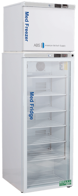 A tall, white lab-grade refrigerator freezer with ABS American BioTech Supply branding. The transparent glass door reveals the empty Med Fridge and upper Med Freezer sections—ideal as a vaccine storage refrigerator freezer or pharmacy refrigerator/freezer combo.
