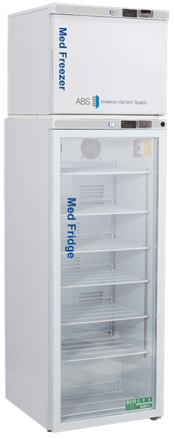 A tall, white Pharmacy Refrigerator and Auto Defrost Freezer Combination unit featuring a top “Med Freezer” and a lower fridge with glass door labeled Med Fridge, both equipped with empty wire shelves for organized medical storage.