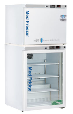 A white medical freezer sits atop a matching medical fridge with a glass door. Both are labeled “Med Freezer” and “Med Fridge” in blue. Shelves inside the fridge are empty. Logos for American BioTech Supply and eco-friendly features are visible.