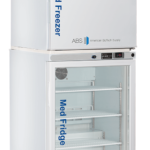 A tall, white medical appliance with two compartments: a top opaque freezer labeled Med Freezer and a lower glass-front fridge labeled Med Fridge. Both sections display digital controls. The fridge shows empty shelves and eco-friendly certification stickers.