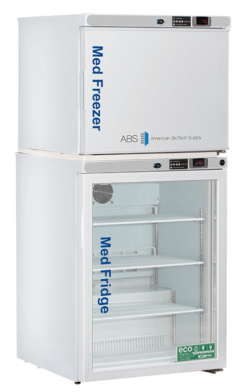 A tall, white medical appliance with two compartments: a top opaque freezer labeled Med Freezer and a lower glass-front fridge labeled Med Fridge. Both sections display digital controls. The fridge shows empty shelves and eco-friendly certification stickers.