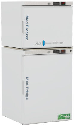 A white medical freezer sits on top of a matching medical fridge. Both have digital displays, ABS American BioTech Supply branding, and vertical blue labels reading “Med Freezer” top and “Med Fridge” bottom. The fridge shows eco-friendly stickers.