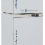 A medical-grade freezer stacked above a medical fridge, both white with digital temperature displays. The upper unit reads “Med Freezer,” and the lower “Med Fridge.” Logos for American BioTech Supply and eco-friendly certification are visible.