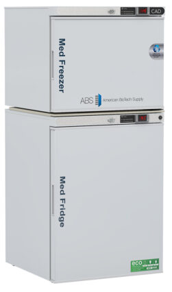 A medical-grade freezer stacked above a medical fridge, both white with digital temperature displays. The upper unit reads “Med Freezer,” and the lower “Med Fridge.” Logos for American BioTech Supply and eco-friendly certification are visible.