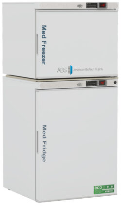 A white, two-door medical refrigerator and freezer unit labeled Med Fridge on the lower part and Med Freezer on the upper part. Both doors have digital displays and locks. The unit displays the ABS American BioTech Supply logo and an eco-friendly sticker.