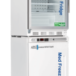 A white, upright medical refrigerator-freezer unit with glass-doored fridge on top and solid-doored freezer below. Both sections are labeled “Med Fridge” and “Med Freezer.” Digital temperature displays and eco-friendly badges are visible on the front.