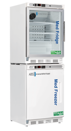 A white, upright medical refrigerator-freezer unit with glass-doored fridge on top and solid-doored freezer below. Both sections are labeled “Med Fridge” and “Med Freezer.” Digital temperature displays and eco-friendly badges are visible on the front.