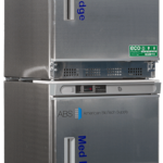 Two stacked stainless steel medical appliances: the top is labeled Med Fridge and the bottom Med Freezer, both by American BioTech Supply. Each has control panels, digital displays, vented base panels, and eco-friendly certification stickers.