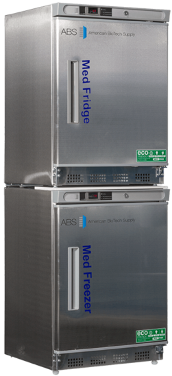 Two stacked stainless steel medical appliances: the top is labeled Med Fridge and the bottom Med Freezer, both by American BioTech Supply. Each has control panels, digital displays, vented base panels, and eco-friendly certification stickers.