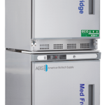 Two stacked stainless steel laboratory Medical cold storage appliances: the top labeled Med Fridge and the bottom Med Freezer. Both display the American BioTech Supply logo and eco-friendly symbols, with control panels above the left hinged doors and robust handles for secure closure.
