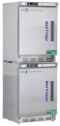 Two stacked stainless steel laboratory Medical cold storage appliances: the top labeled Med Fridge and the bottom Med Freezer. Both display the American BioTech Supply logo and eco-friendly symbols, with control panels above the left hinged doors and robust handles for secure closure.