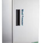 A tall, 23 cu ft stainless steel pharmacy freezer with a digital display at the top, labeled ABS - American BioTech Supply and Medi Freezer. It has a solid door, a black vertical handle, ventilation slats at the bottom, and is mounted on four wheels.