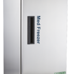 A tall Premier Stainless Steel Auto Defrost Pharmacy Freezer on wheels features a digital display at the top. The front door has a vertical black handle, labeled Medi Freezer, with vents and eco-friendly icons on the lower right side.
