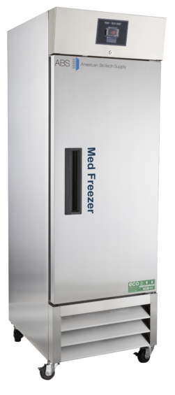 A tall Premier Stainless Steel Auto Defrost Pharmacy Freezer on wheels features a digital display at the top. The front door has a vertical black handle, labeled Medi Freezer, with vents and eco-friendly icons on the lower right side.