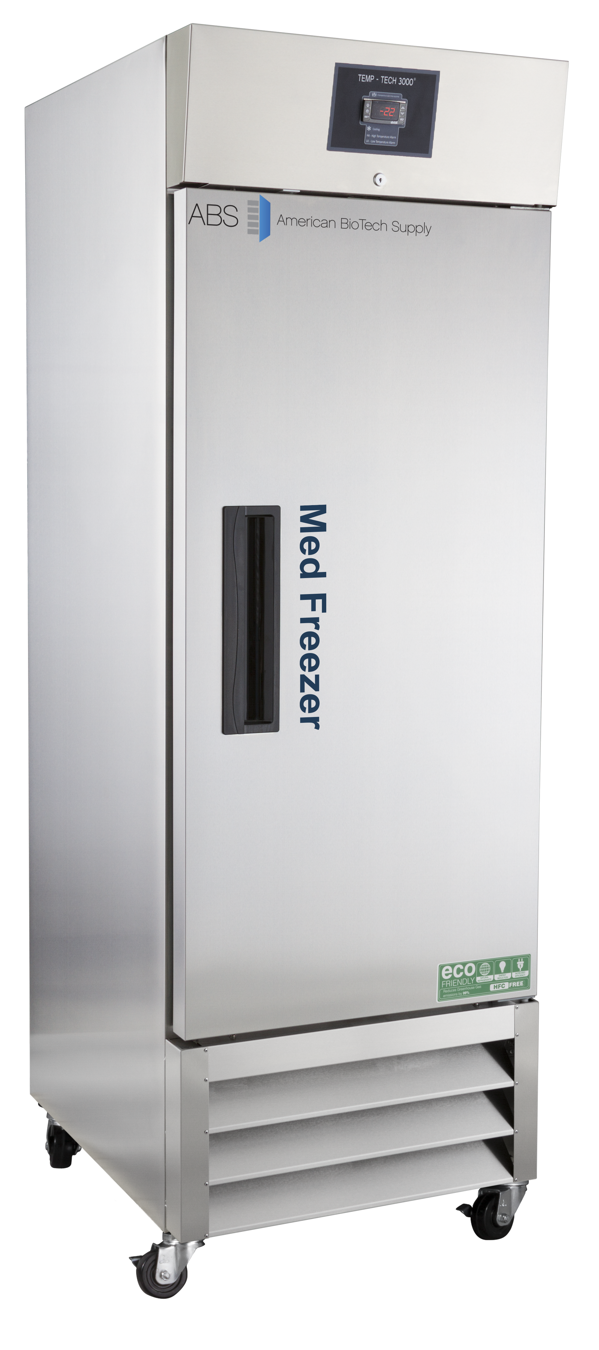 A tall Premier Stainless Steel Auto Defrost Pharmacy Freezer on wheels features a digital display at the top. The front door has a vertical black handle, labeled Medi Freezer, with vents and eco-friendly icons on the lower right side.