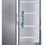 A tall, stainless steel medical refrigerator with a transparent glass door, digital temperature display on top, interior shelves, and the words Med Fridge printed in blue on the door. The fridge is on caster wheels and stands empty.
