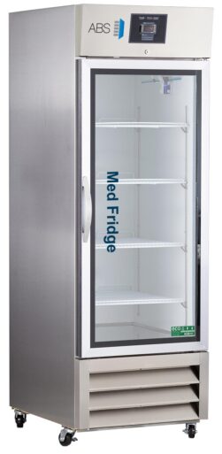 A tall, stainless steel medical refrigerator with a transparent glass door, digital temperature display on top, interior shelves, and the words Med Fridge printed in blue on the door. The fridge is on caster wheels and stands empty.