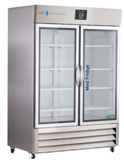 A large, Stainless Steel Pharmacy Refrigerator with two glass doors, five interior shelves, and a digital control panel on top. The left door is labeled Med Fridge. The fridge is on wheels and has vented panels at the bottom.