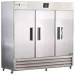 A large, Stainless steel pharmacy refrigerator, three-doors on wheels with “Meal Fridge” labeled on the right door. The display panel and brand “American BioTech Supply” are at the top, and ventilation grilles are at the bottom.