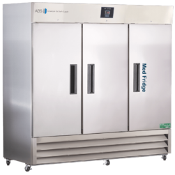 A large, Stainless steel pharmacy refrigerator, three-doors on wheels with “Meal Fridge” labeled on the right door. The display panel and brand “American BioTech Supply” are at the top, and ventilation grilles are at the bottom.