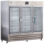 A large, Stainless Steel Pharmacy Refrigerator with three glass doors, labeled “Medi Fridge.” It has adjustable shelves inside, a digital display on top, visible vents at the bottom, and is set on caster wheels for mobility.