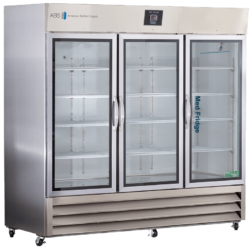 A large, Stainless Steel Pharmacy Refrigerator with three glass doors, labeled “Medi Fridge.” It has adjustable shelves inside, a digital display on top, visible vents at the bottom, and is set on caster wheels for mobility.