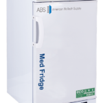 A white, compact 2.5 cu. ft. pharmacy refrigerator labeled “Med Fridge” by American BioTech Supply. It has a digital temperature display, side handle, and eco-friendly sticker on the bottom right. The fridge stands alone against a plain white background.