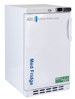 A white left-hinged built-in pharmacy refrigerator labeled Med Fridge and American BioTech Supply with an eco-friendly sticker, a digital temperature display showing 4.1°C, a side handle, and ventilation grilles at the bottom.