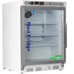 A white pharmacy refrigerator, 4.6 cu. ft. ,with a glass front door, labeled “Med Fridge,” featuring interior shelves, ventilation fan, digital temperature display, and eco-friendly stickers. The brand “American BioTech Supply” is visible on the refrigerator’s front.