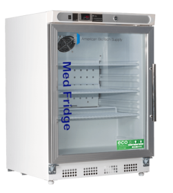 A white pharmacy refrigerator, 4.6 cu. ft. ,with a glass front door, labeled “Med Fridge,” featuring interior shelves, ventilation fan, digital temperature display, and eco-friendly stickers. The brand “American BioTech Supply” is visible on the refrigerator’s front.