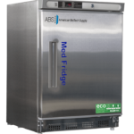 A 4.6 cu. ft. stainless steel pharmacy refrigerator built-in by American BioTech Supply with a digital display on top, labeled Med Fridge in blue text. Eco-friendly and refrigerant info stickers are on the bottom right. The fridge has a single door and a vertical handle.