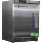 A Left-hinged pharmacy stainless steel refrigerator by American BioTech Supply with Med Fridge in blue on the door, digital temperature display panel on top, eco-friendly sticker at the bottom, and a vertical handle on the right. The fridge stands on adjustable feet.