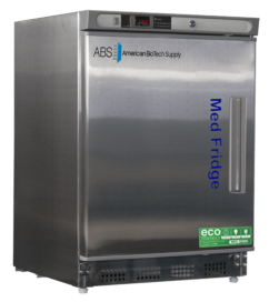 A Left-hinged pharmacy stainless steel refrigerator by American BioTech Supply with Med Fridge in blue on the door, digital temperature display panel on top, eco-friendly sticker at the bottom, and a vertical handle on the right. The fridge stands on adjustable feet.