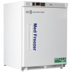 A white upright ADA-compliant pharmacy freezer with the label Med Freezer in blue on the door, digital temperature display, and the American BioTech Supply logo. The door has an eco-friendly sticker and a handle on the left. The exterior is clean and plain.